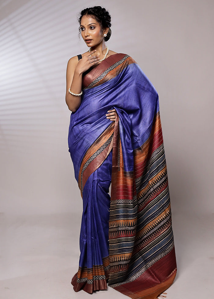 Blue Tussar Silk Saree With Blouse Piece