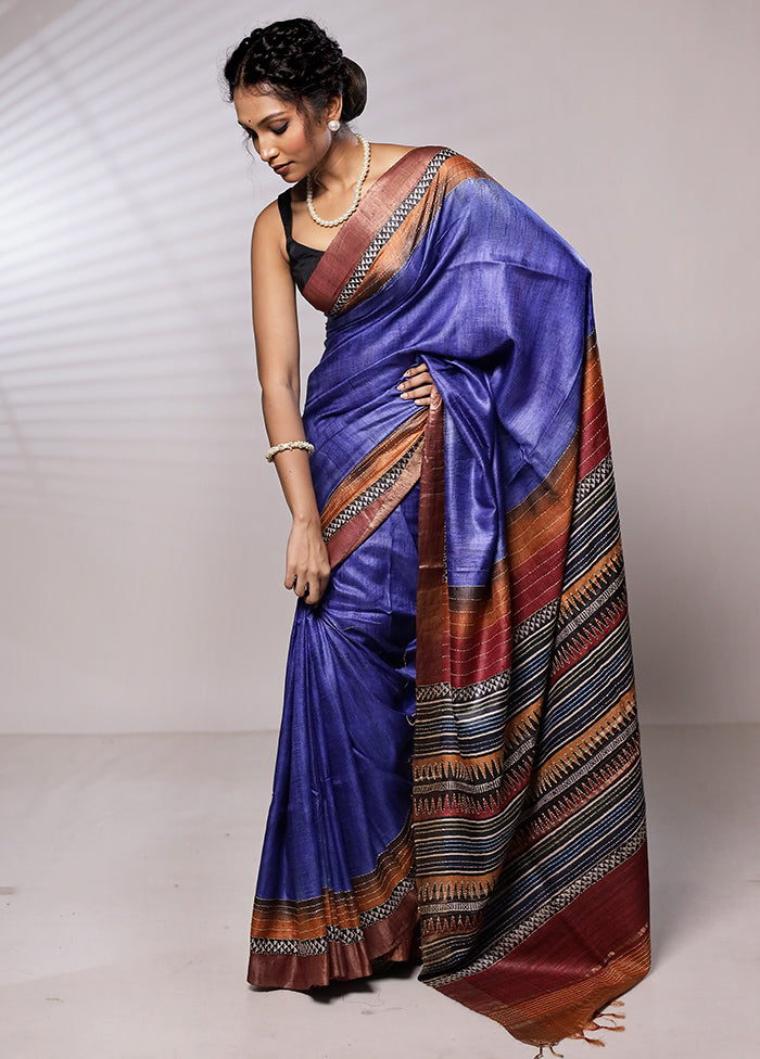 Blue Tussar Silk Saree With Blouse Piece