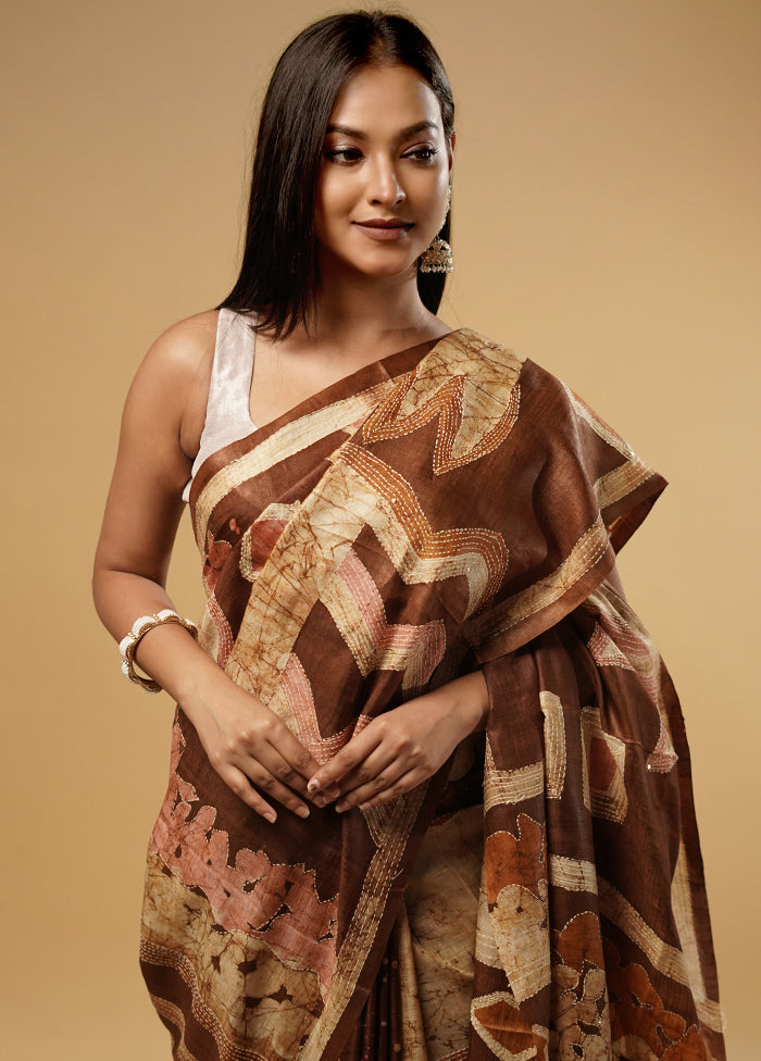 Brown Tussar Silk Saree With Blouse Piece - Indian Silk House Agencies