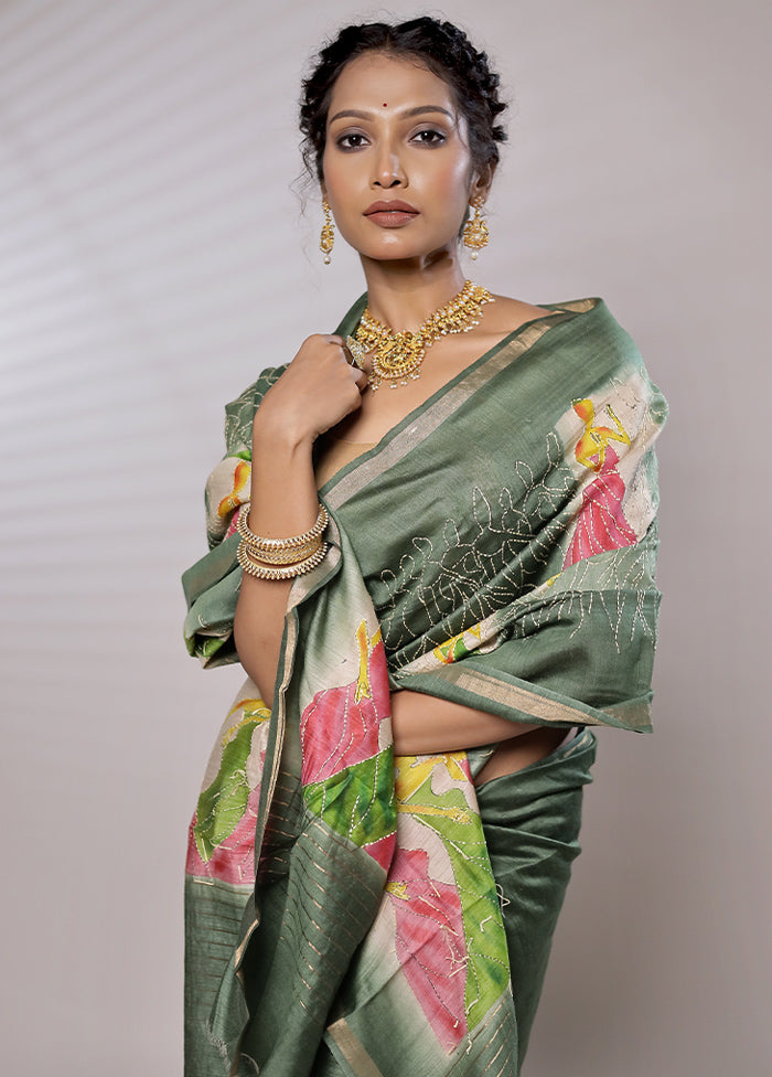 Green Tussar Silk Saree With Blouse Piece - Indian Silk House Agencies