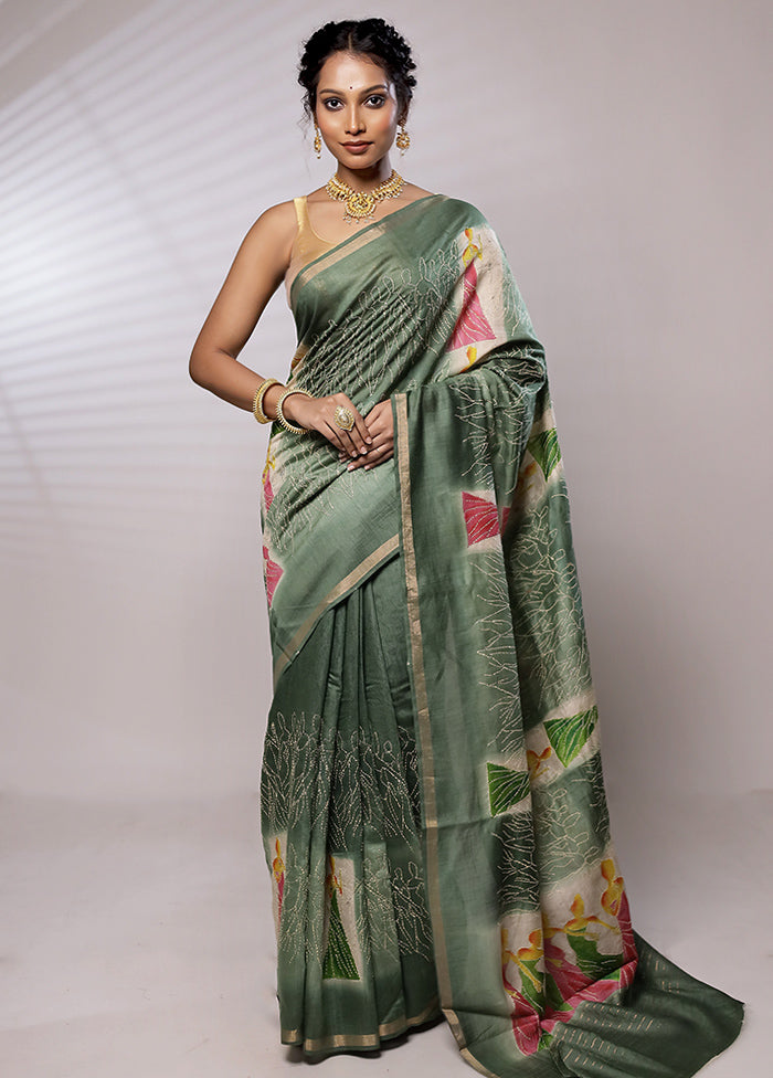 Green Tussar Silk Saree With Blouse Piece