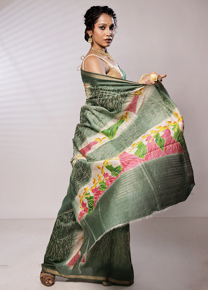 Green Tussar Silk Saree With Blouse Piece