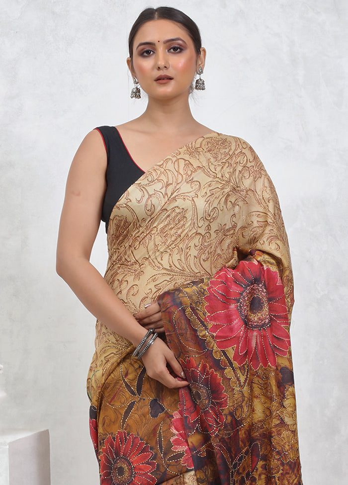 Cream Tussar Silk Saree With Blouse Piece