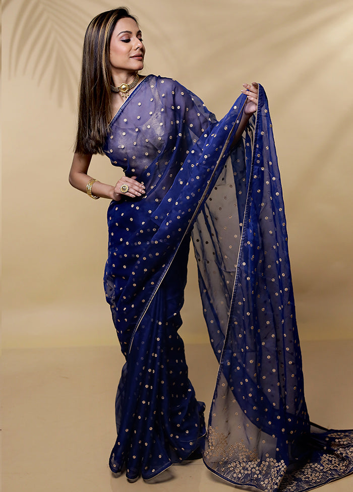 Blue Organza Saree Without Blouse Piece - Indian Silk House Agencies