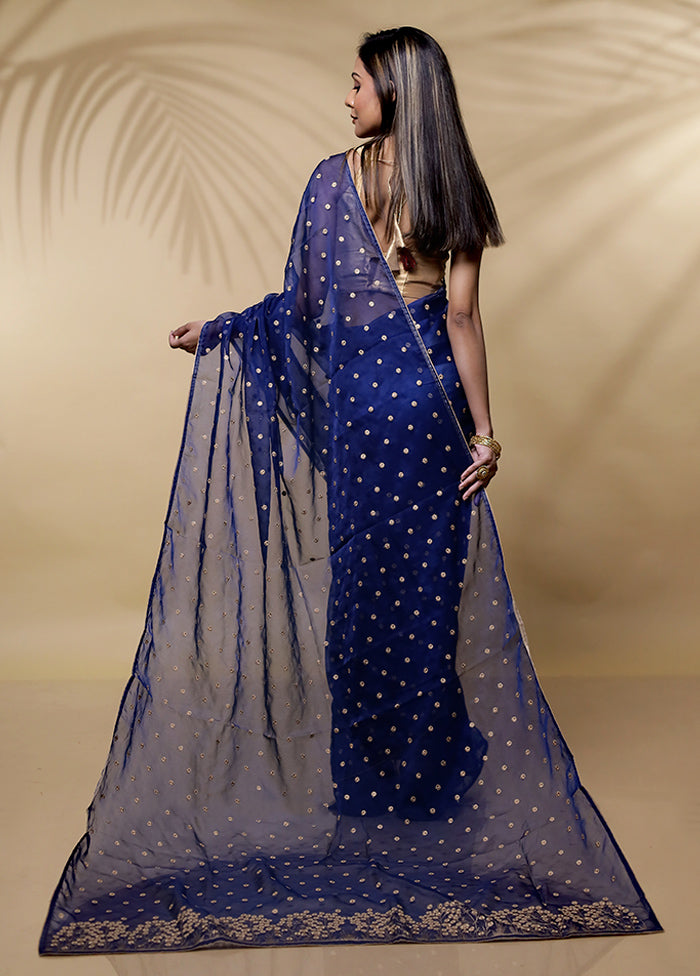 Blue Organza Saree Without Blouse Piece - Indian Silk House Agencies