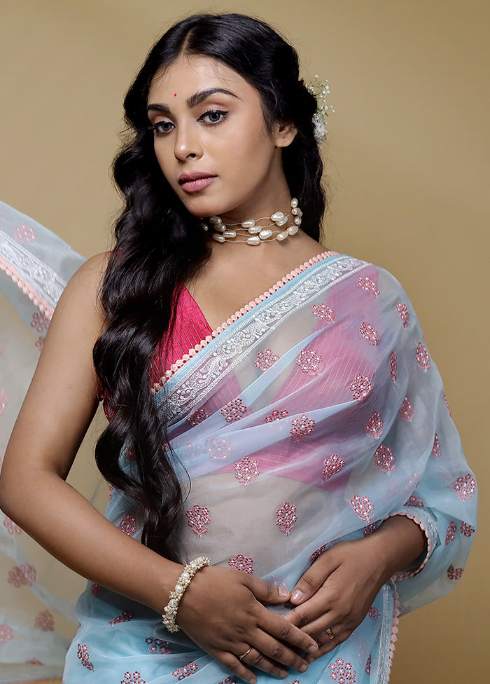 Blue Organza Saree With Blouse Piece - Indian Silk House Agencies