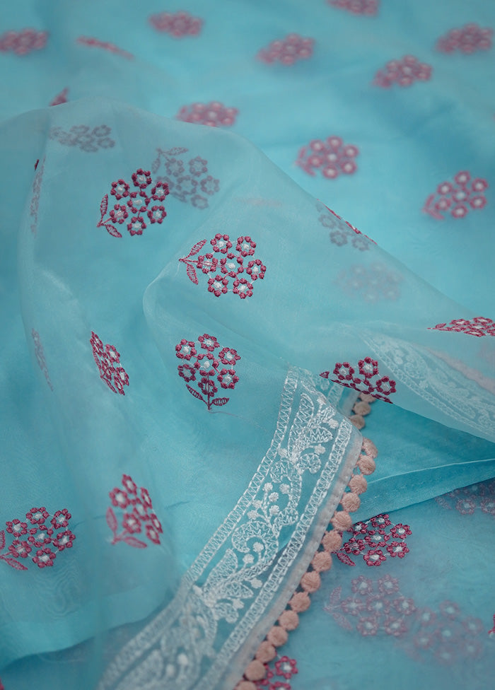 Blue Organza Saree With Blouse Piece - Indian Silk House Agencies