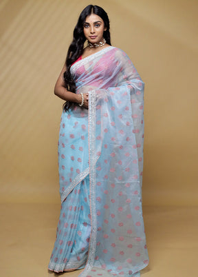 Blue Organza Saree With Blouse Piece - Indian Silk House Agencies