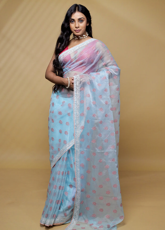 Blue Organza Saree With Blouse Piece - Indian Silk House Agencies