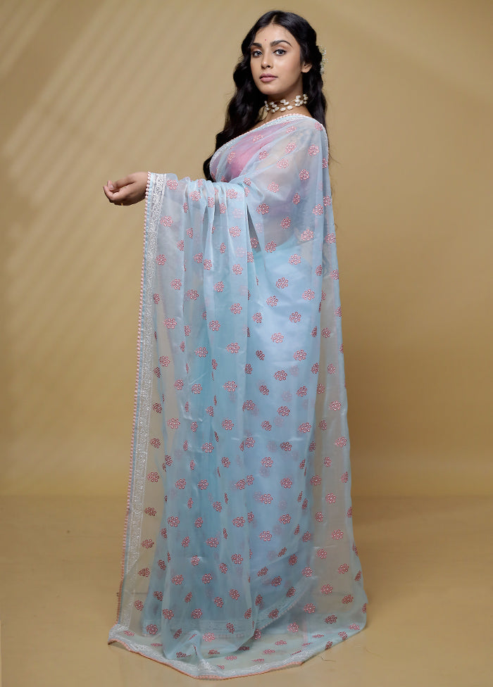 Blue Organza Saree With Blouse Piece - Indian Silk House Agencies