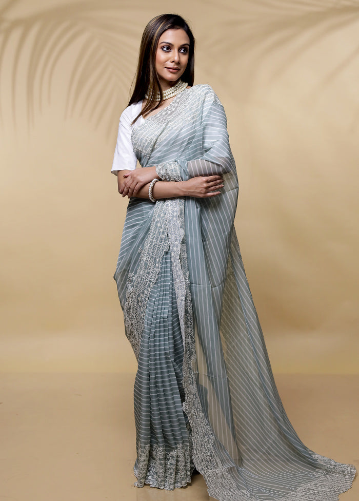 Grey Organza Saree Without Blouse Piece - Indian Silk House Agencies