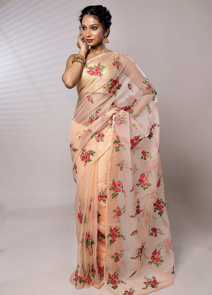 Cream Organza Saree With Blouse Piece