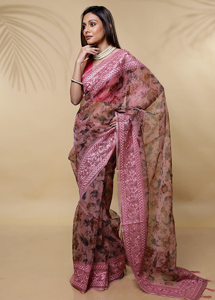 Brown Organza Saree Without Blouse Piece - Indian Silk House Agencies