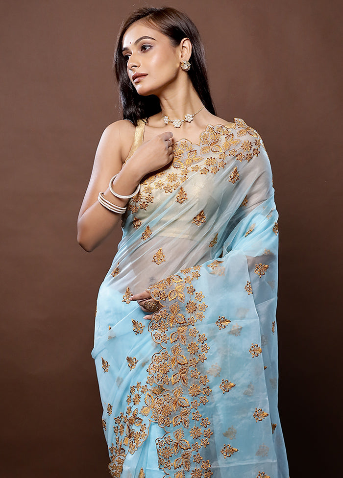 Blue Organza Saree With Blouse Piece