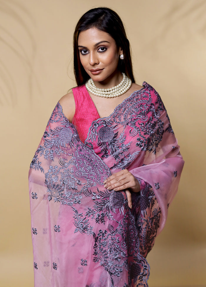 Pink Organza Saree Without Blouse Piece - Indian Silk House Agencies