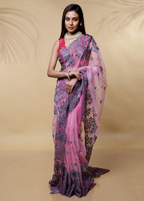 Pink Organza Saree Without Blouse Piece - Indian Silk House Agencies