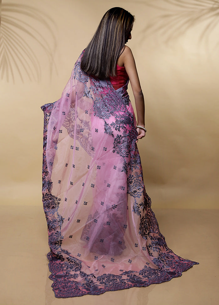 Pink Organza Saree Without Blouse Piece - Indian Silk House Agencies