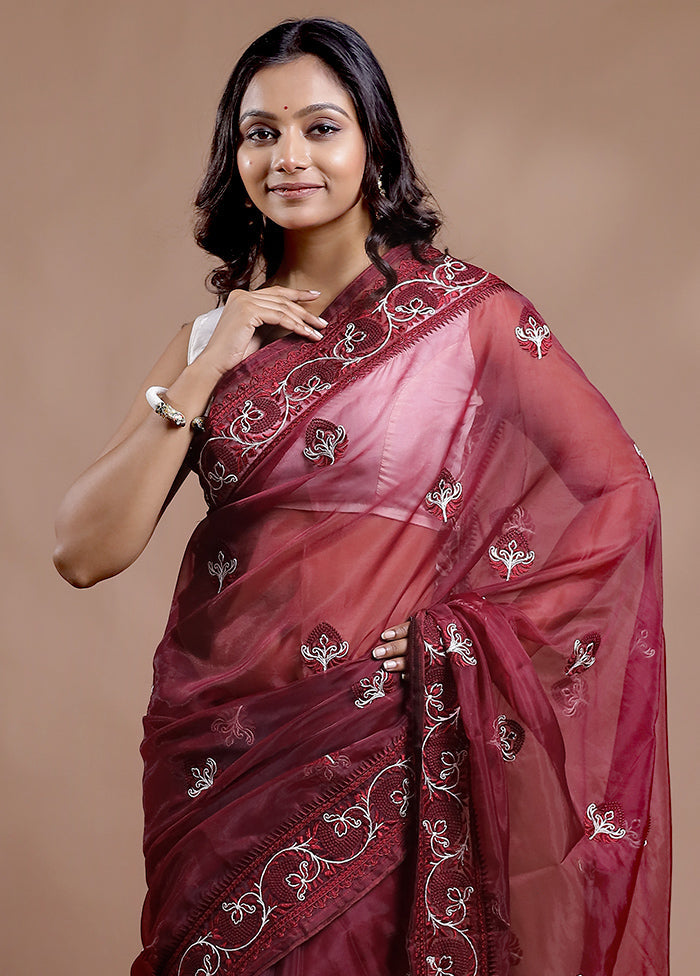 Maroon Organza Saree With Blouse Piece - Indian Silk House Agencies