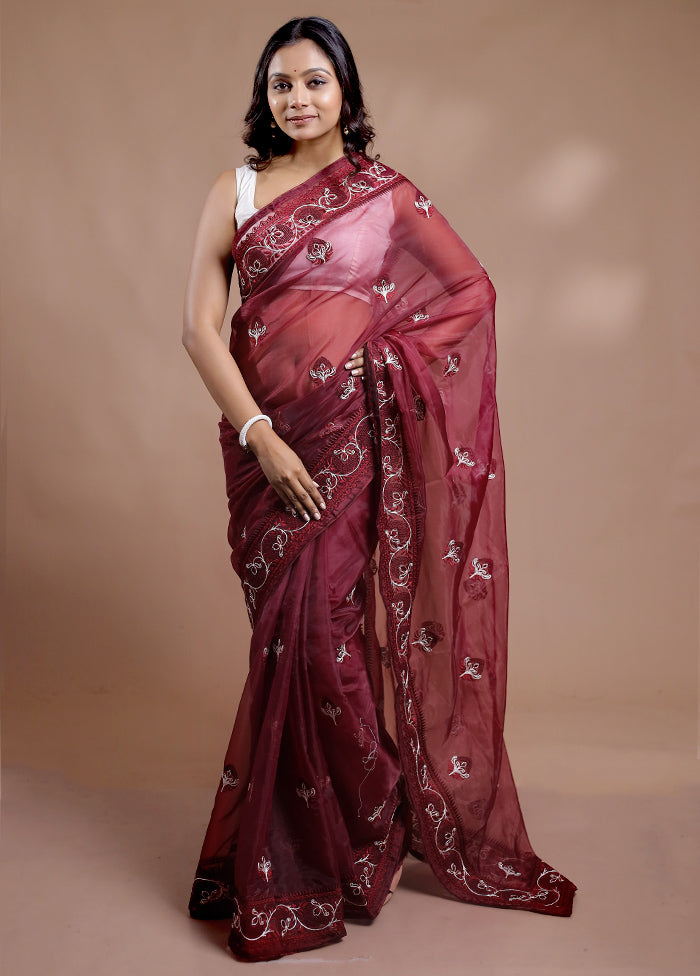 Maroon Organza Saree With Blouse Piece - Indian Silk House Agencies