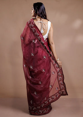 Maroon Organza Saree With Blouse Piece - Indian Silk House Agencies