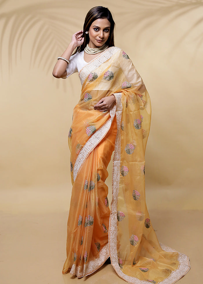 Orange Organza Saree Without Blouse Piece - Indian Silk House Agencies