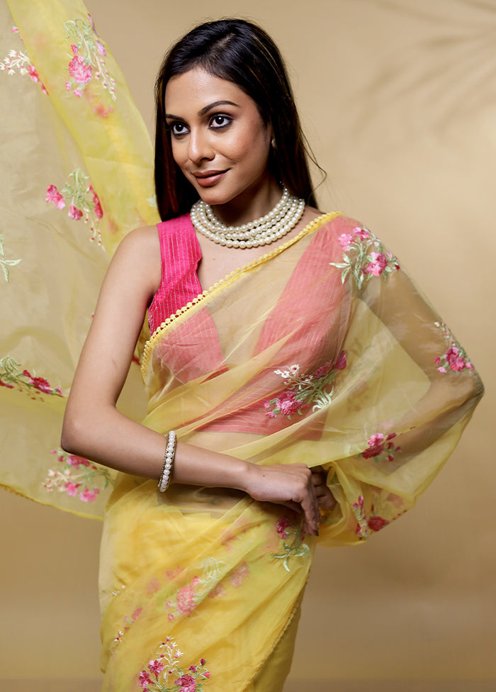 Yellow Organza Saree Without Blouse Piece - Indian Silk House Agencies