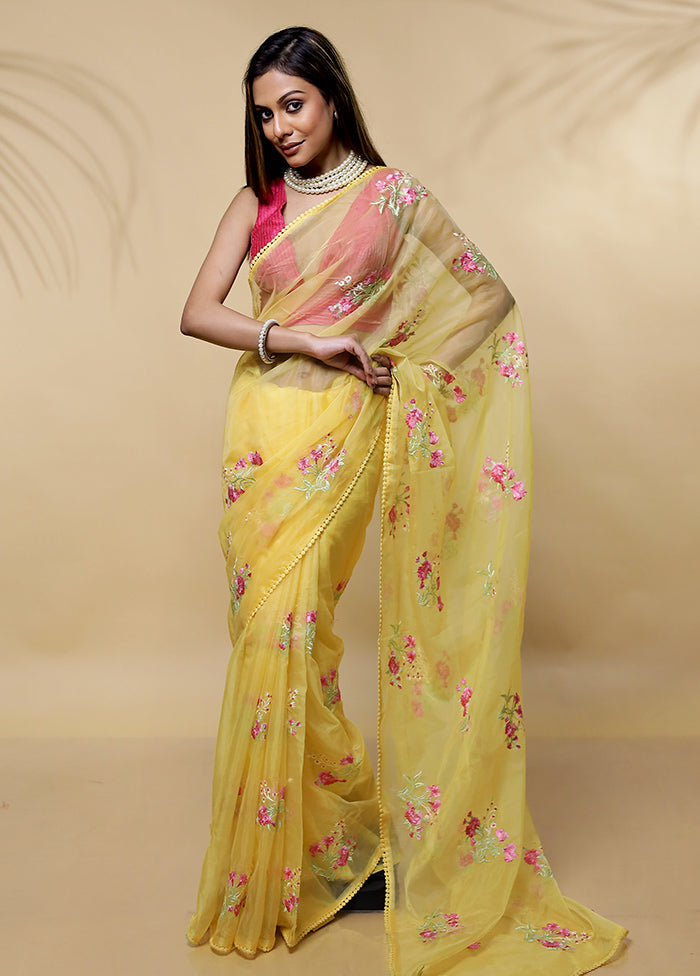 Yellow Organza Saree Without Blouse Piece - Indian Silk House Agencies