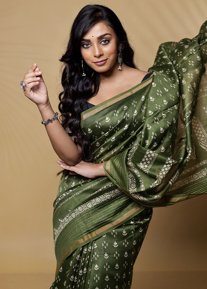 Green Chanderi Cotton Saree Without Blouse Piece - Indian Silk House Agencies