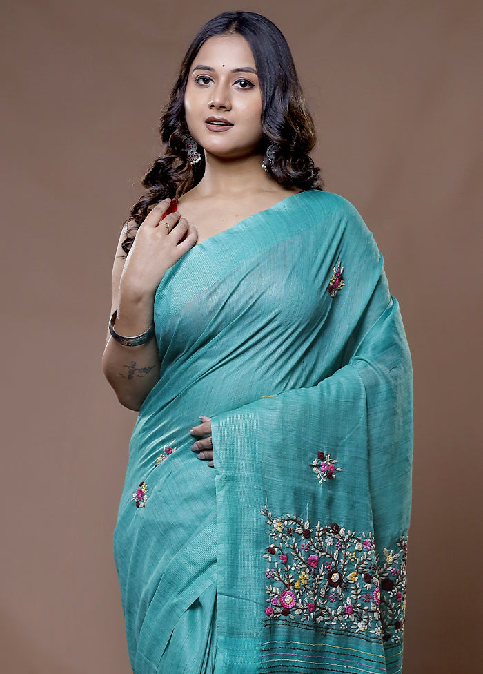 Green Dupion Silk Saree With Blouse Piece - Indian Silk House Agencies