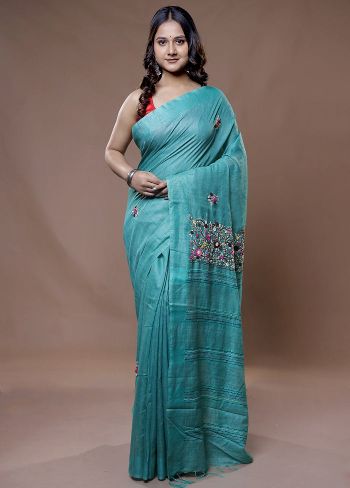 Green Dupion Silk Saree With Blouse Piece - Indian Silk House Agencies