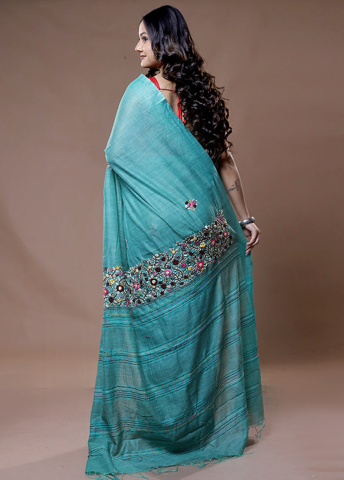 Green Dupion Silk Saree With Blouse Piece - Indian Silk House Agencies