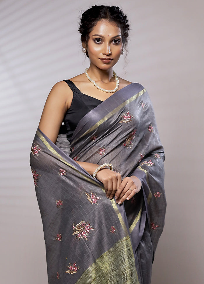 Grey Dupion Silk Saree With Blouse Piece