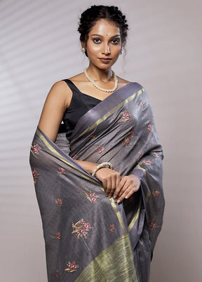 Grey Dupion Silk Saree With Blouse Piece