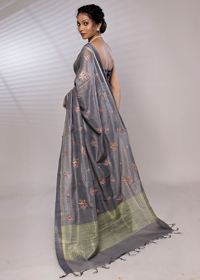 Grey Dupion Silk Saree With Blouse Piece