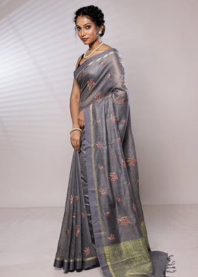 Grey Dupion Silk Saree With Blouse Piece