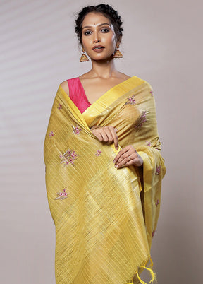 Yellow Dupion Silk Saree With Blouse Piece - Indian Silk House Agencies