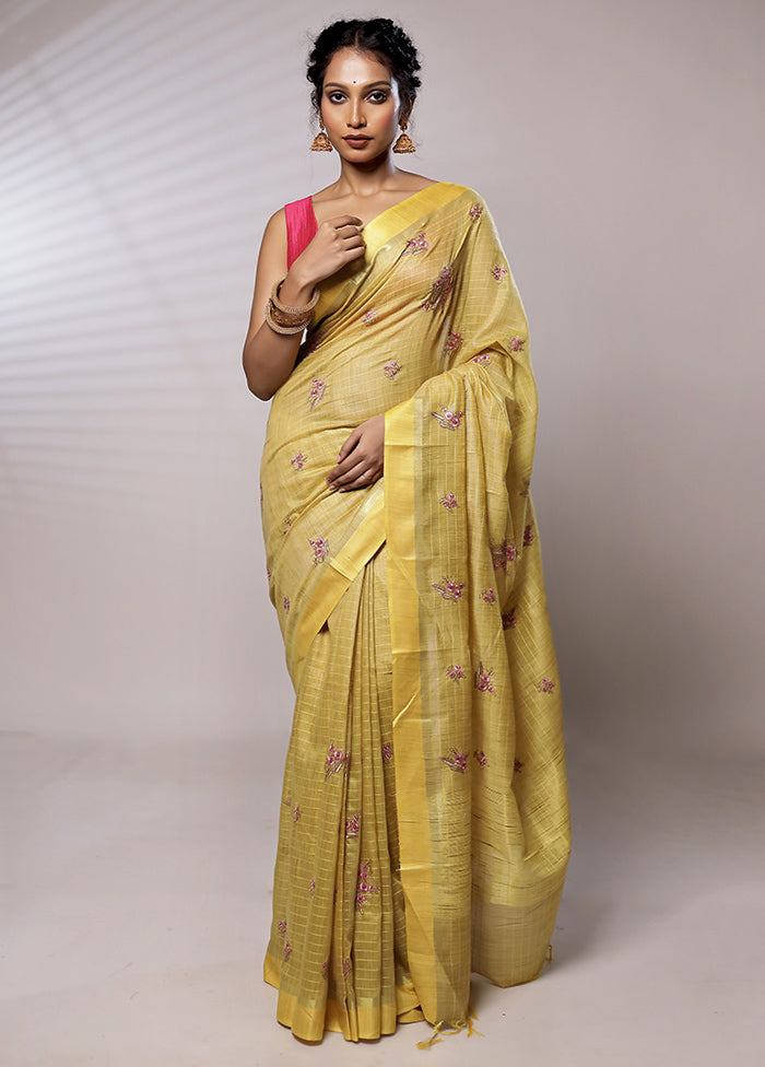 Yellow Dupion Silk Saree With Blouse Piece - Indian Silk House Agencies