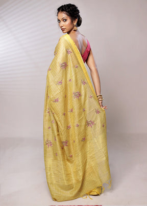 Yellow Dupion Silk Saree With Blouse Piece - Indian Silk House Agencies