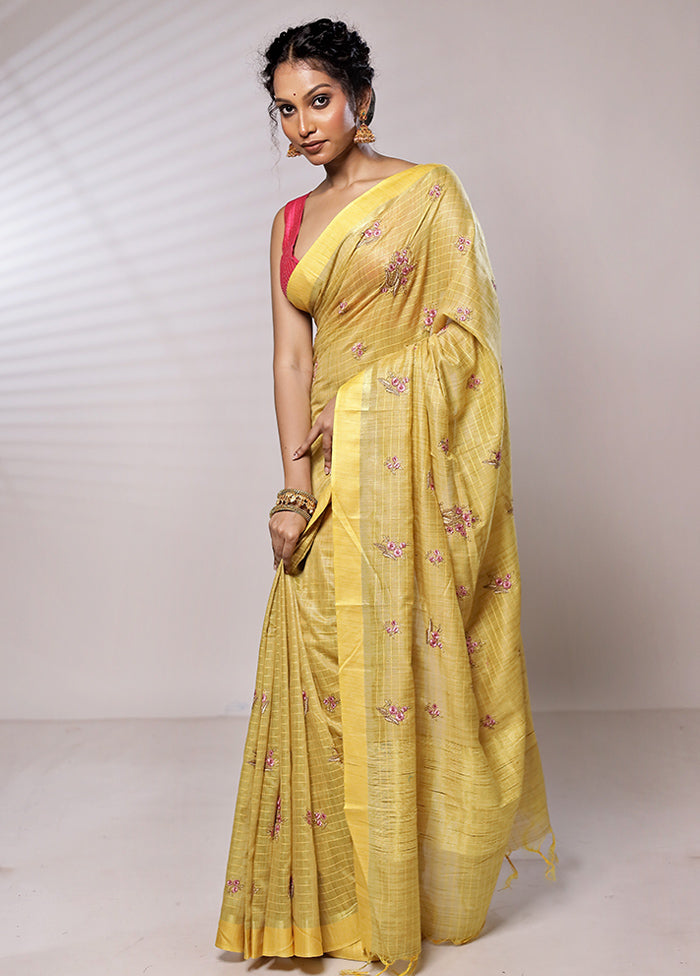 Yellow Dupion Silk Saree With Blouse Piece - Indian Silk House Agencies