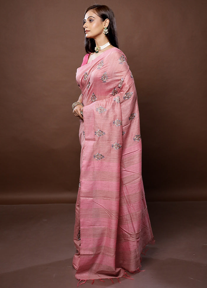 Pink Dupion Silk Saree With Blouse Piece