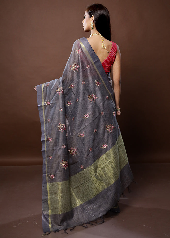 Grey Dupion Silk Saree With Blouse Piece