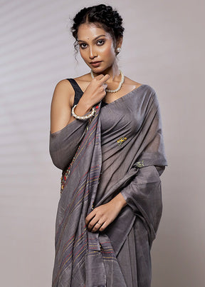 Grey Dupion Silk Saree With Blouse Piece