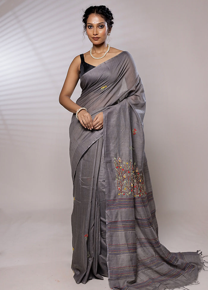 Grey Dupion Silk Saree With Blouse Piece - Indian Silk House Agencies