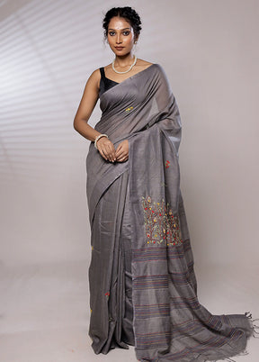 Grey Dupion Silk Saree With Blouse Piece