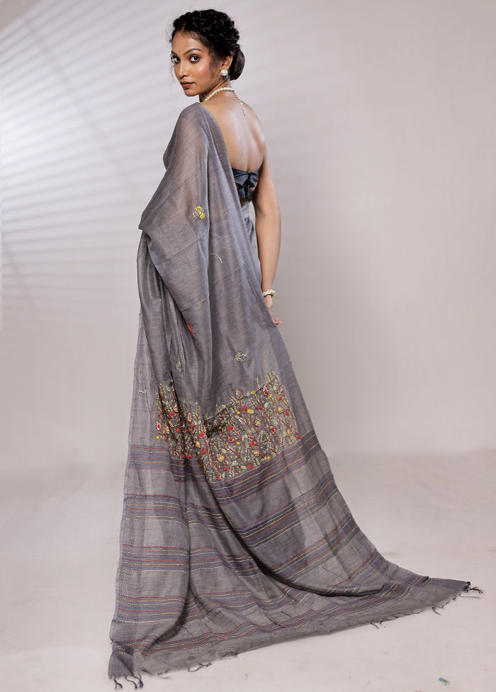 Grey Dupion Silk Saree With Blouse Piece