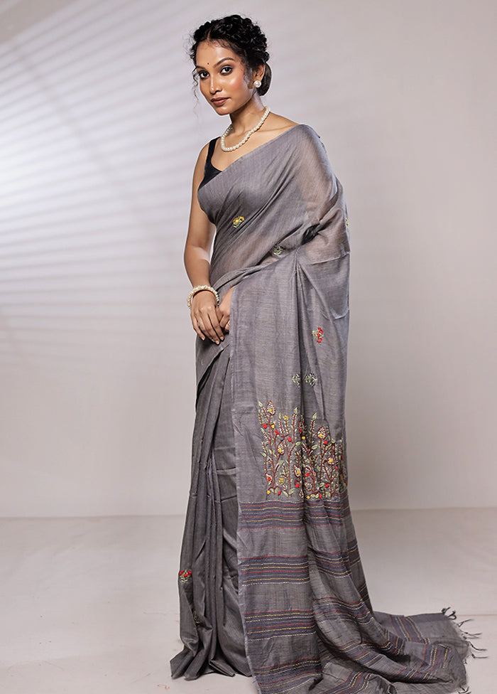 Grey Dupion Silk Saree With Blouse Piece - Indian Silk House Agencies