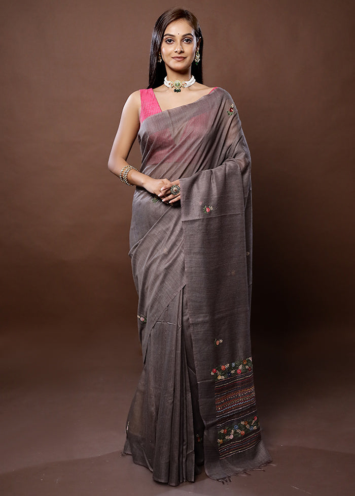 Grey Dupion Silk Saree With Blouse Piece