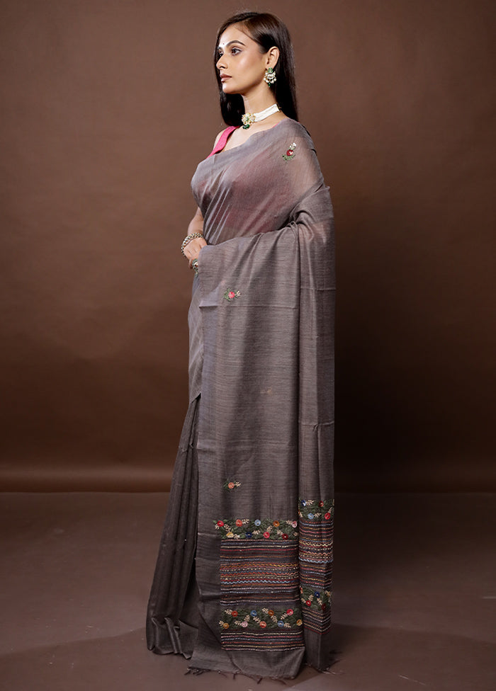 Grey Dupion Silk Saree With Blouse Piece