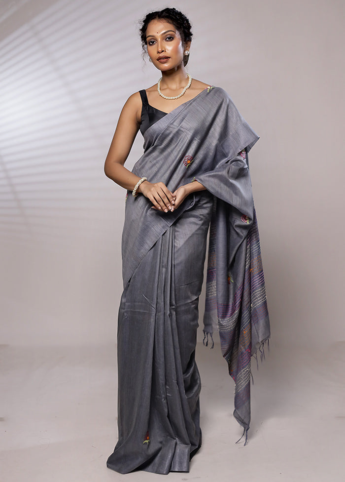 Grey Dupion Silk Saree With Blouse Piece