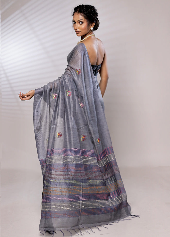 Grey Dupion Silk Saree With Blouse Piece